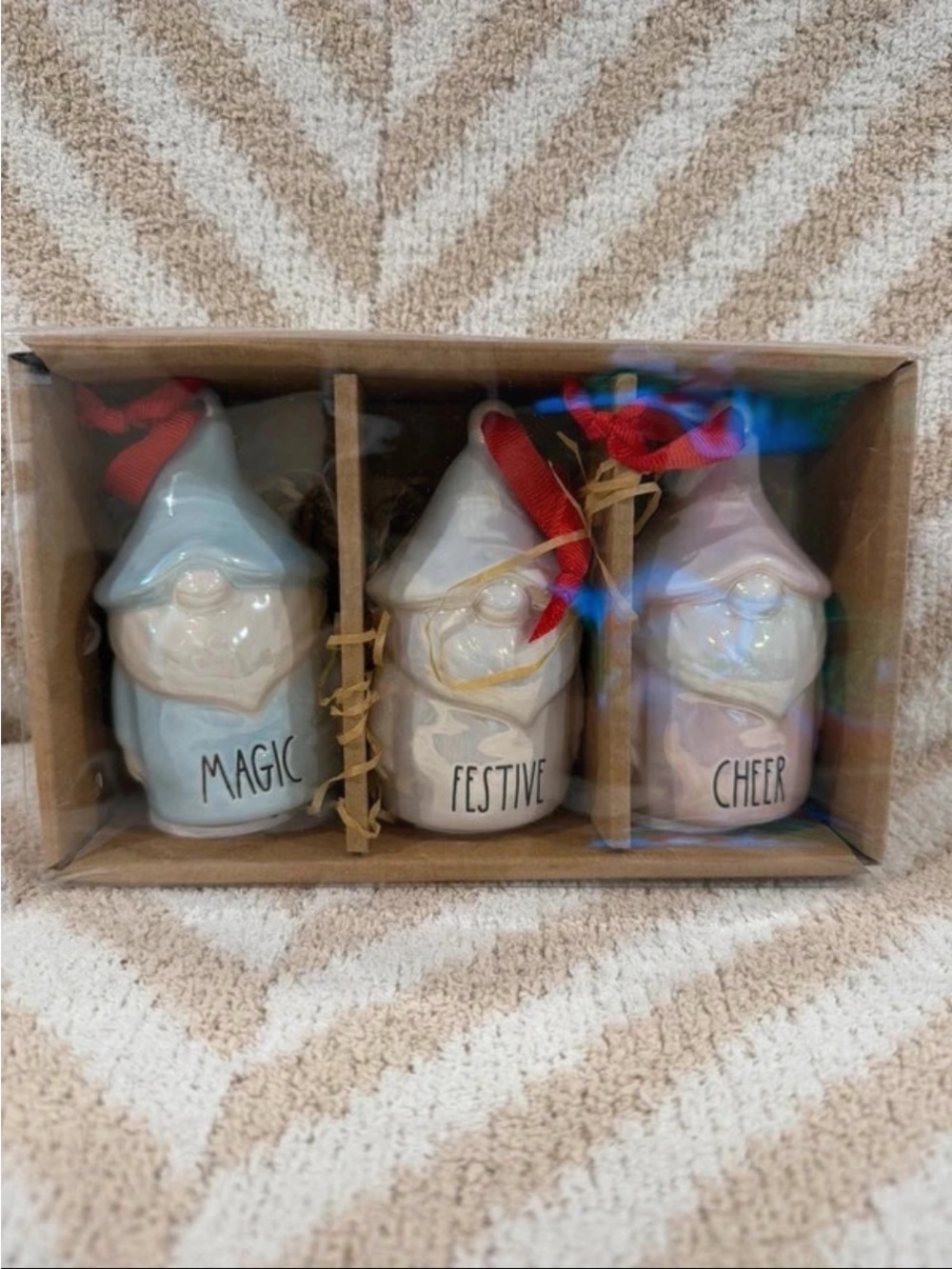 Rae Dunn Pastel Gnome Ornaments in Blue, White, and Pink